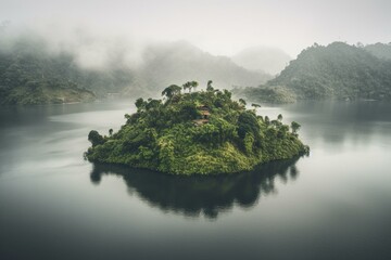 A serene green island in the center of a lake amidst foggy hills. Generative AI