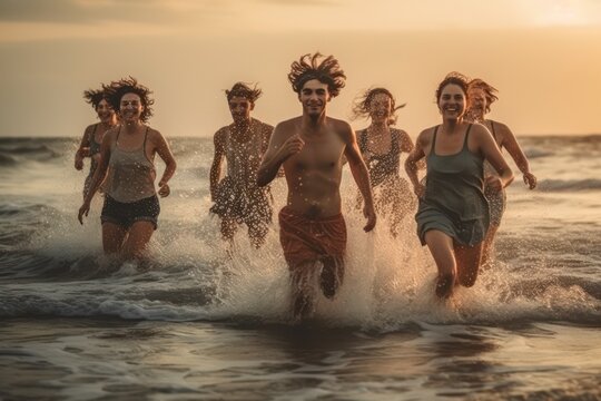 Group of Happy women running in the beach. Generative AI