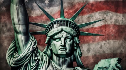Statue of Liberty with a US flag in the background. Generative AI