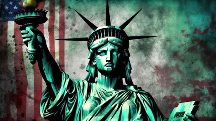 Obraz premium Statue of Liberty with a US flag in the background. Generative AI