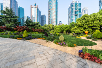 shanghai city skyline with green lawn