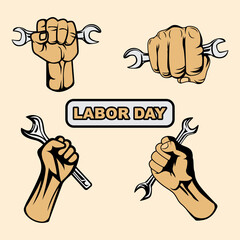 Collection of clenched fists holding wrenches greeting labor day