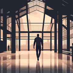 Fototapeta na wymiar illustration man walk moviment enter office view from beyand