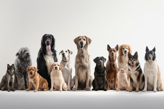 Various dog breeds standing together against a white backdrop. Generative AI