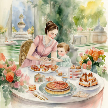 Mother's Day watercolor art, a mother and child brunching at an elegant garden party, They are seated at a long table adorned with an array of delicacies cakes and tartlets, Generative AI