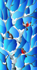 Illustration in stained glass style with bullfinches on branches of a birch tree against the sky and snow background