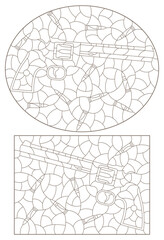 A set of contour illustrations in the style of stained glass with compositions of revolvers and bullets, isolated on a white background