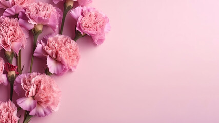 Pink carnations top view on light bright pink background. Banner for mothers day (AI Generated)