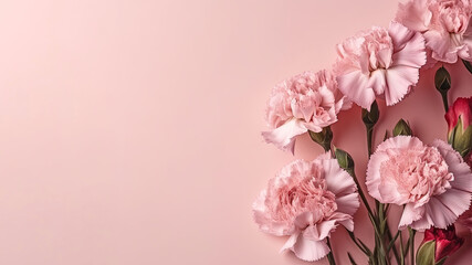 Fototapeta na wymiar Pink carnations top view on light bright pink background. Banner for mothers day (AI Generated)