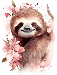 Sloth watercolor illustration, asian style art, wall art, digital print, digital art, asset, wildlife. Generative AI.