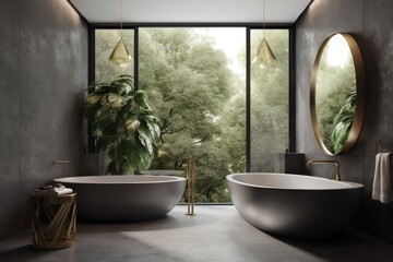 Fototapeta premium luxurious bathroom with a spacious bathtub and a scenic window view. Generative AI