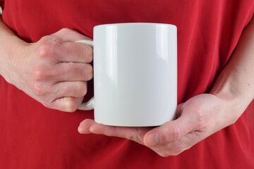 Mug Mockup Featuring Woman Holding 11 oz White Mug Against a Red Blouse