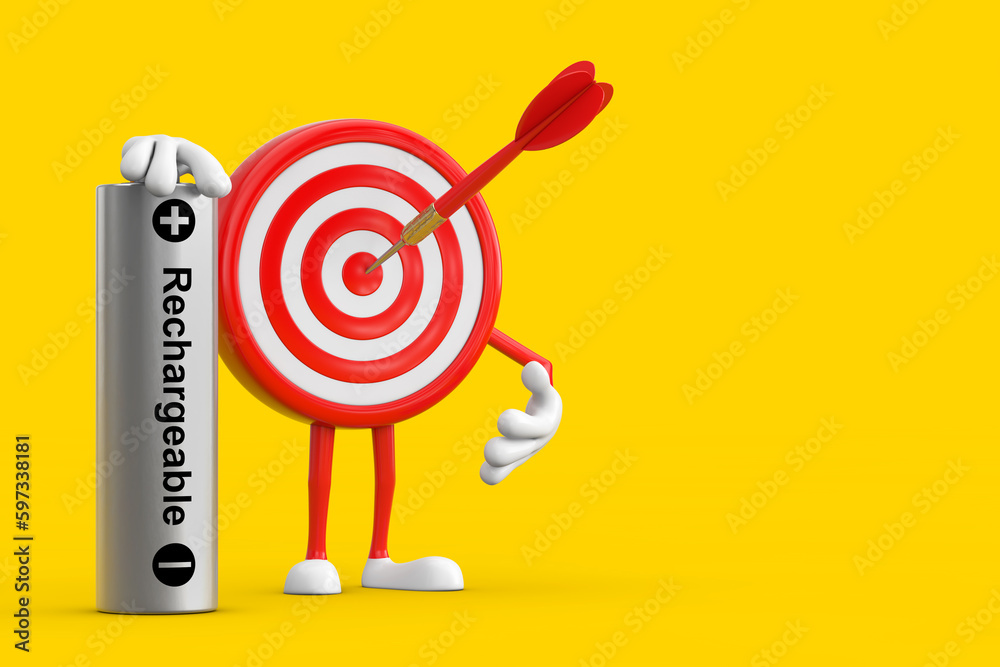 Fototapete archery target and dart in center cartoon person character mascot with rechargeable battery. 3d rend