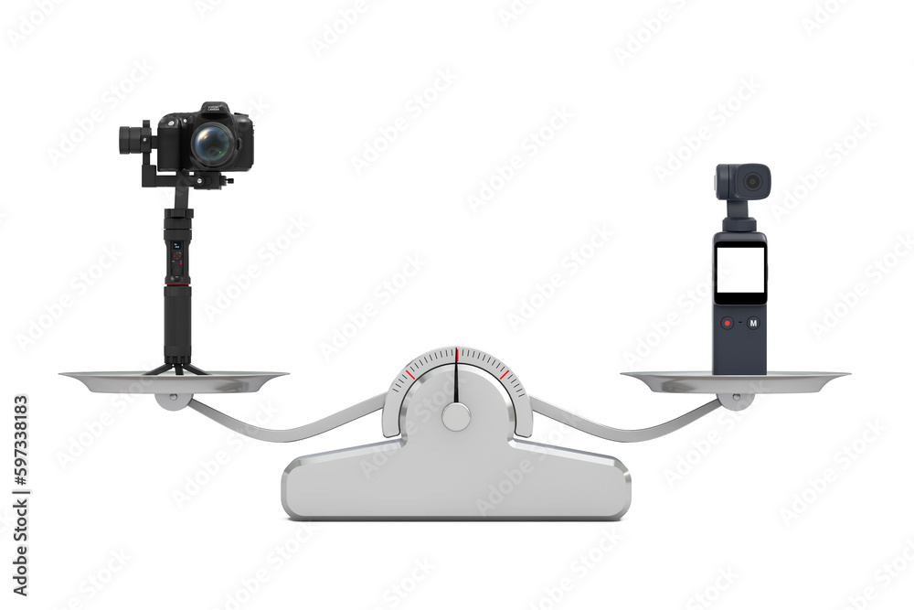 Leinwandbilder Pocket Handheld Gimbal Action Camera and DSLR or Video Camera Gimbal Stabilization Tripod System Balancing on a Simple Weighting Scale. 3d Rendering
