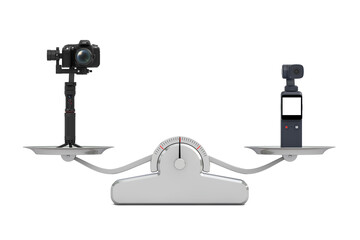 Pocket Handheld Gimbal Action Camera and DSLR or Video Camera Gimbal Stabilization Tripod System Balancing on a Simple Weighting Scale. 3d Rendering
