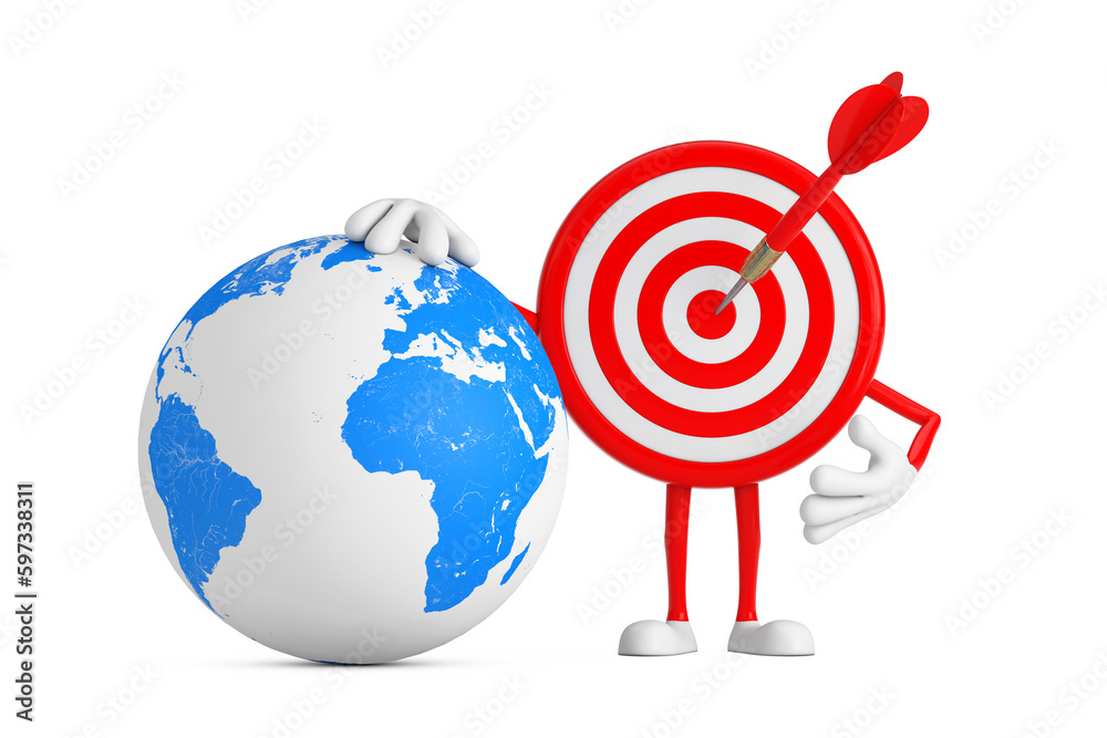 Fototapete archery target and dart in center cartoon person character mascot with earth globe. 3d rendering