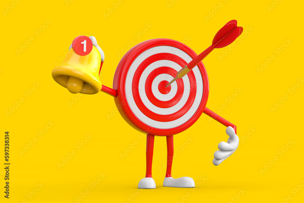 Fototapete archery target and dart in center cartoon person character mascot witn cartoon social media notifica