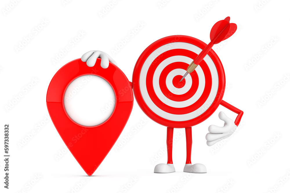 Poster Archery Target and Dart in Center Cartoon Person Character Mascot with Red Target Map Pointer Pin. 3d Rendering