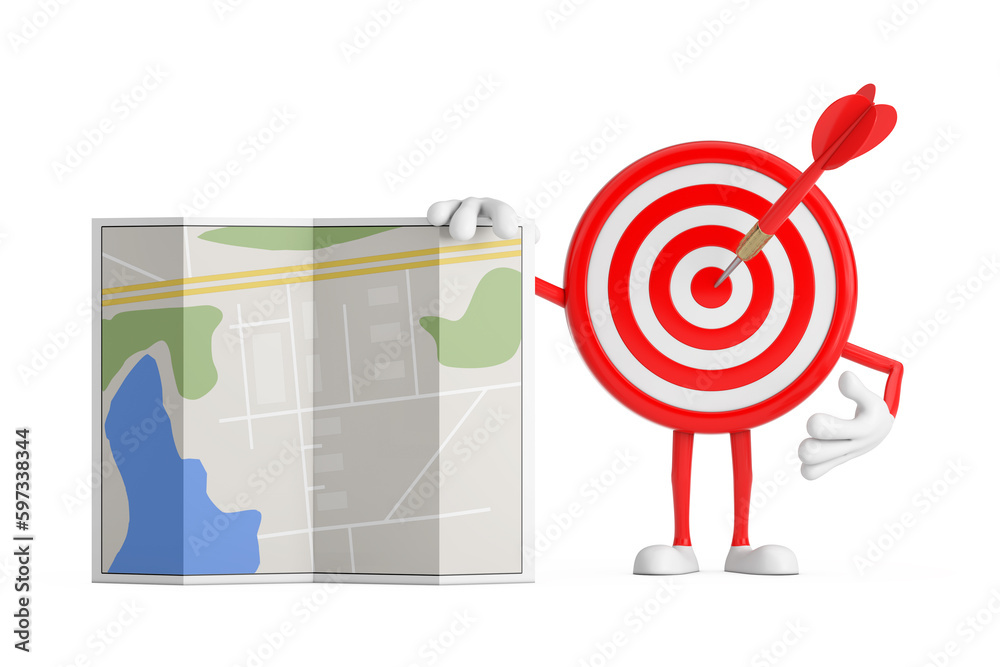 Aufkleber Archery Target and Dart in Center Cartoon Person Character Mascot with Abstract City Plan Map. 3d Rendering
