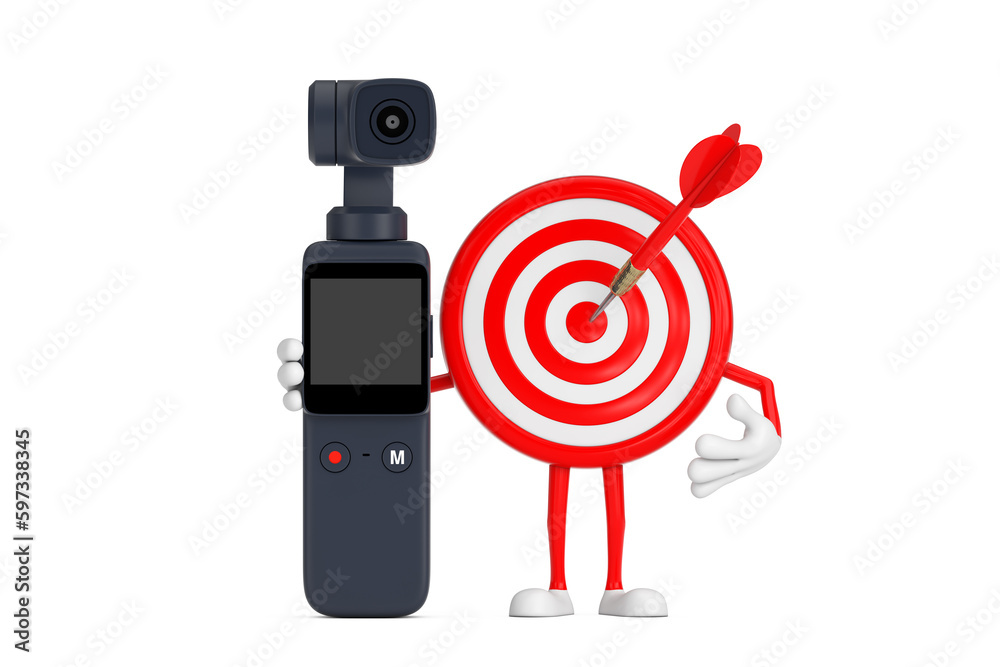 Poster archery target and dart in center cartoon person character mascot with pocket gimbal action camera. 