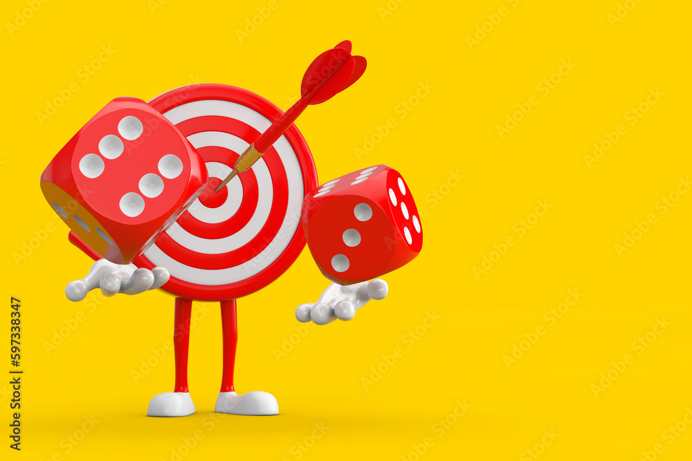Poster Archery Target and Dart in Center Cartoon Person Character Mascot with Red Game Dice Cubes in Flight. 3d Rendering