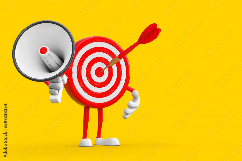 Leinwandbilder archery target and dart in center cartoon person character mascot with red retro megaphone. 3d rende