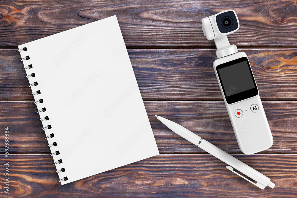 Poster pocket handheld gimbal action camera, blank note pad and pen. 3d rendering