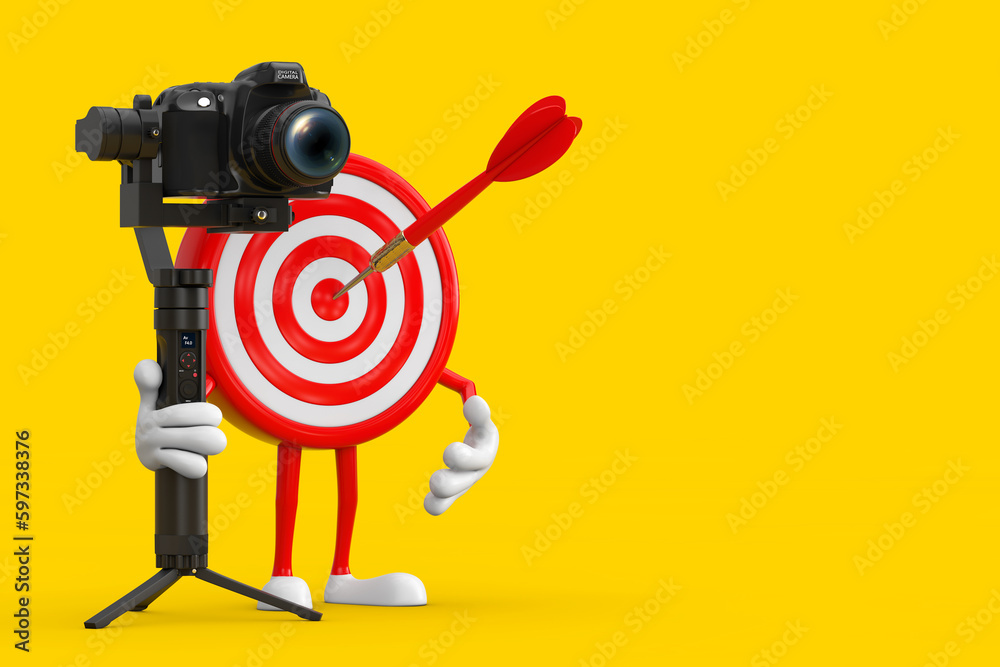 Leinwandbilder archery target and dart in center cartoon person character mascot with dslr or video camera gimbal s
