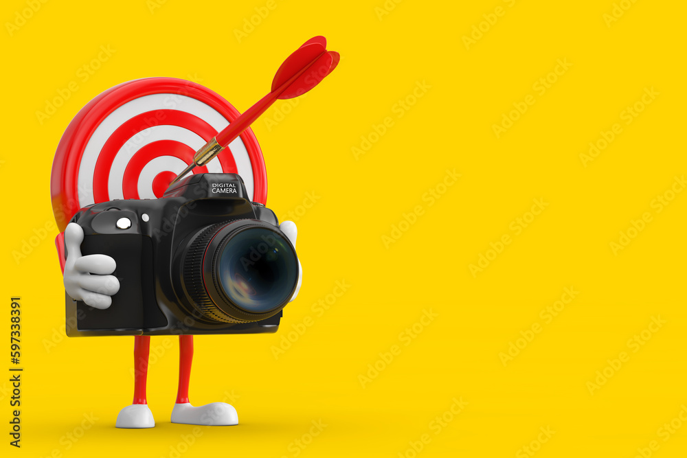 Aufkleber Archery Target and Dart in Center Cartoon Person Character Mascot with Modern Digital Photo Camera. 3d Rendering