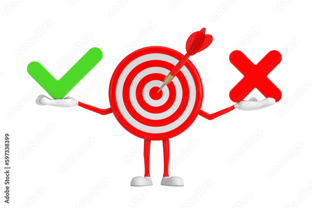 Fototapete archery target and dart in center cartoon person character mascot with red cross and green check mar