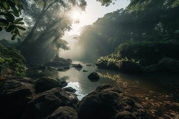 Fototapeta na wymiar Morning view of rainforest surrounding the river, ancient Mayan ruins. Generative AI
