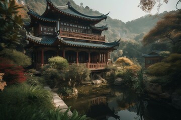 A Chinese house in a scenic Asian landscape. Architecture, illustration. Generative AI