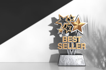 Golden Best Seller Business Award Trophy on a White Product Presentation Podium Cube. 3d Rendering