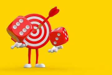 Archery Target and Dart in Center Cartoon Person Character Mascot with Red Game Dice Cubes in Flight. 3d Rendering
