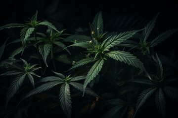 Fototapeta na wymiar Dark background with marijuana leaves - medical cannabis. Generative AI