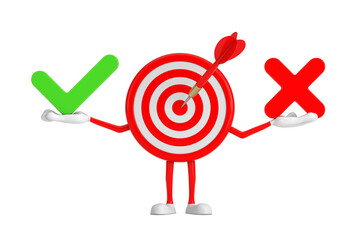 Archery Target and Dart in Center Cartoon Person Character Mascot with Red Cross and Green Check Mark, Confirm or Deny, Yes or No Icon Sign. 3d Rendering