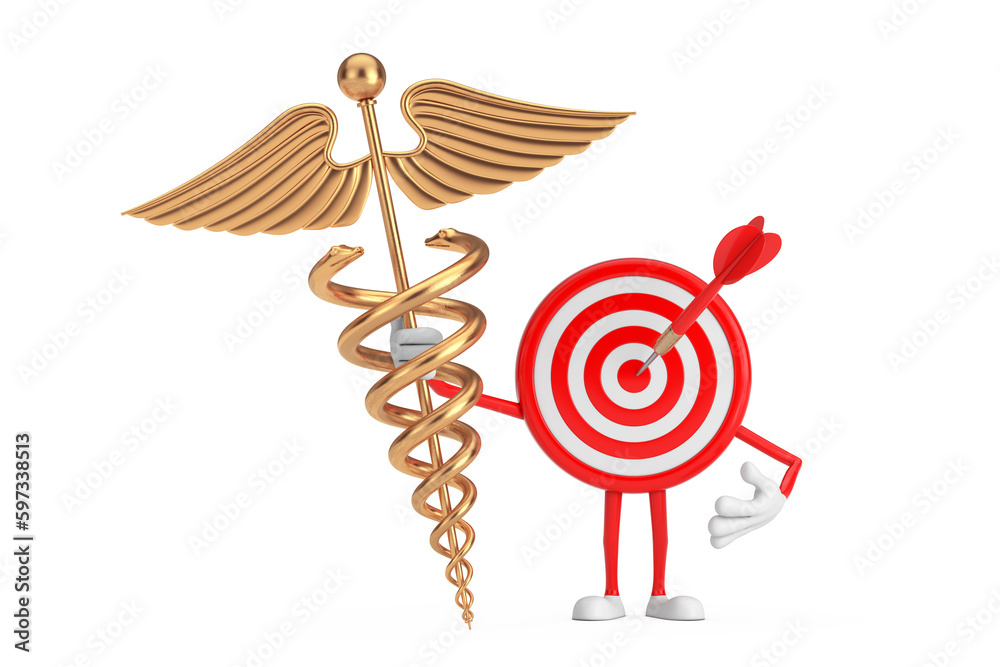 Aufkleber archery target and dart in center cartoon person character mascot with golden medical caduceus symbo