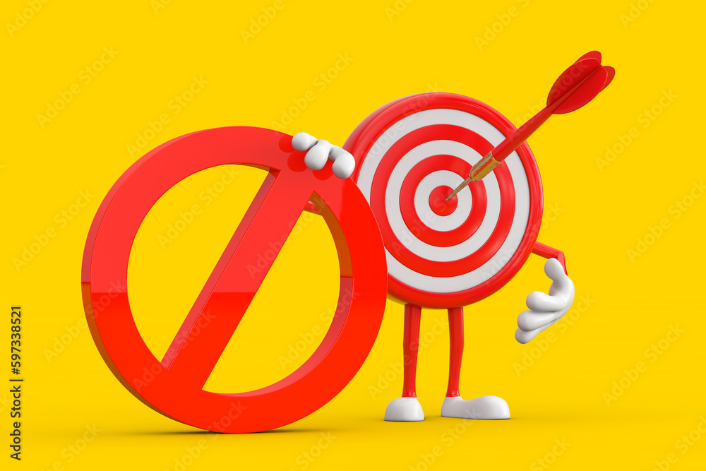 Aufkleber Archery Target and Dart in Center Cartoon Person Character Mascot with Red Prohibition or Forbidden Sign. 3d Rendering