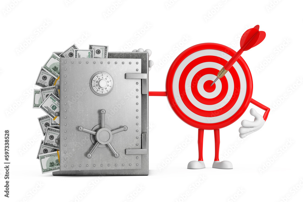 Poster archery target and dart in center cartoon person character mascot with vault or safe box full of dol