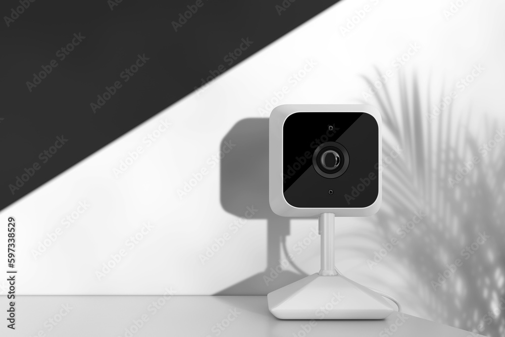 Poster White Modern Web Camera on a White Product Presentation Podium Cube. 3d Rendering