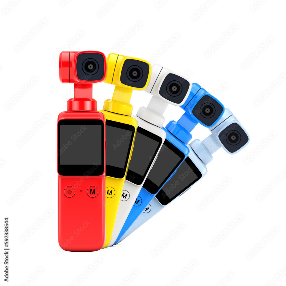 Aufkleber Row of Multicolored Pocket Handheld Gimbal Action Cameras. 3d Rendering