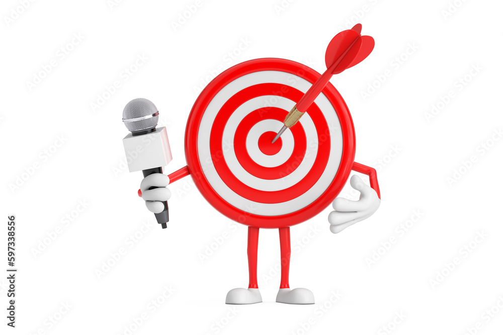 Fototapete archery target and dart in center cartoon person character mascot with modern chrome microphone. 3d 