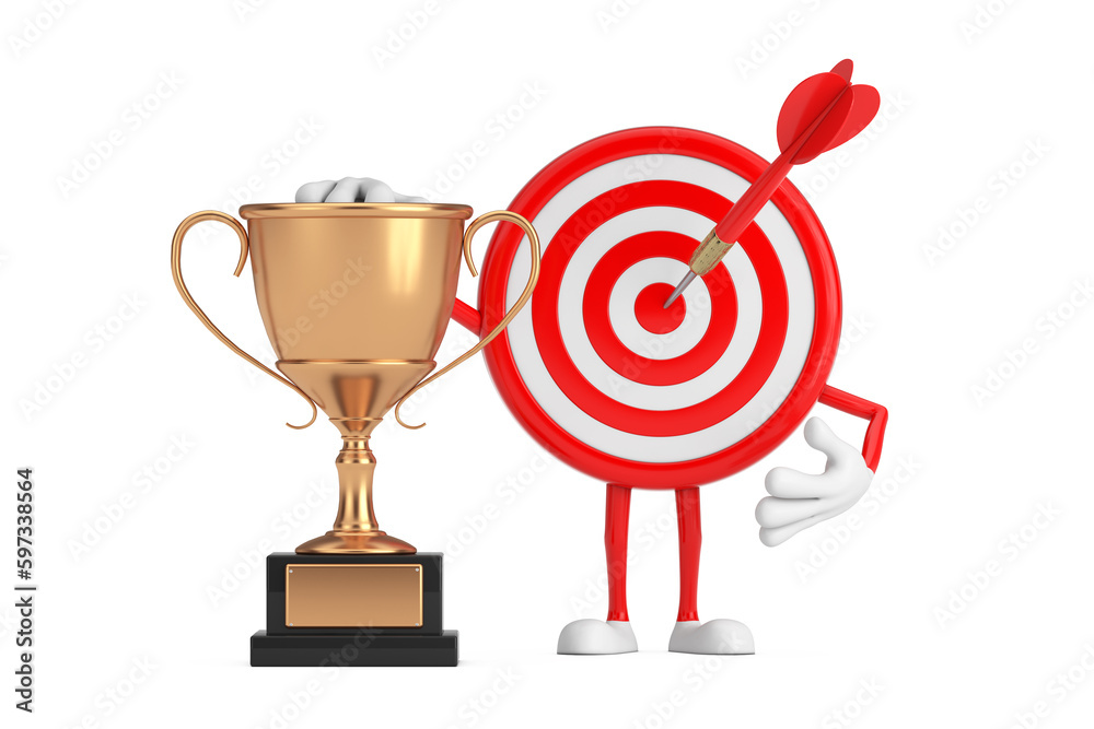 Aufkleber archery target and dart in center cartoon person character mascot with golden award trophy. 3d rende