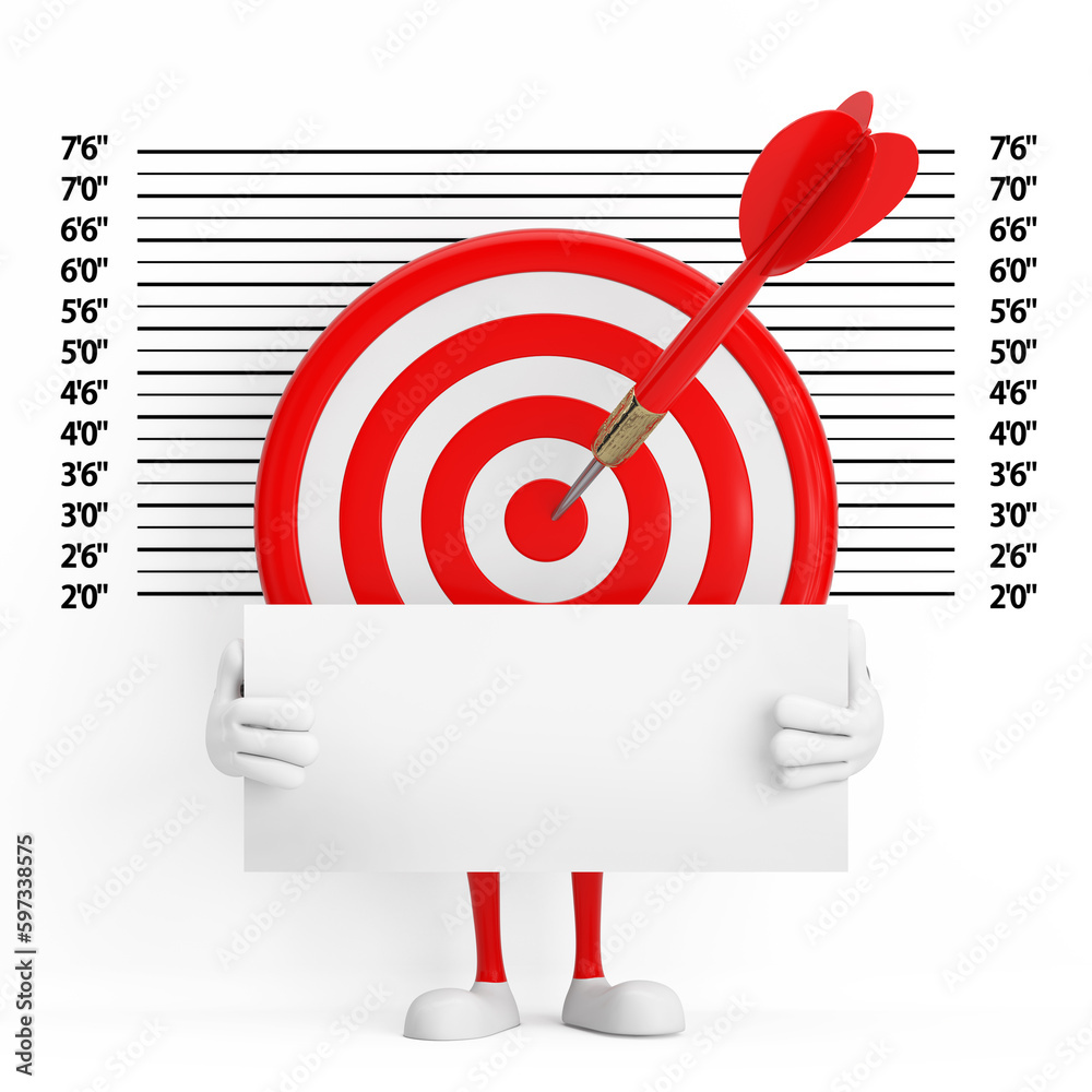 Leinwandbilder archery target and dart in center cartoon person character mascot with identification plate in front
