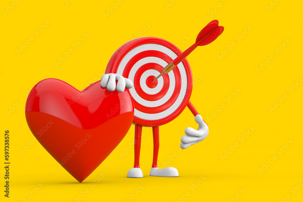 Leinwandbilder archery target and dart in center cartoon person character mascot with red heart. 3d rendering