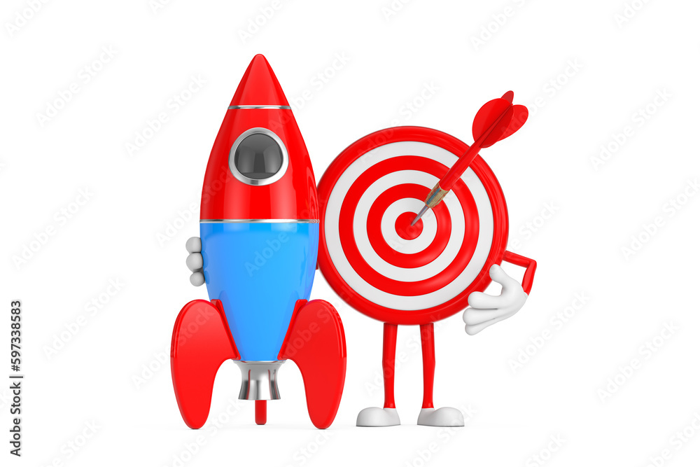 Poster Archery Target and Dart in Center Cartoon Person Character Mascot with Cartoon Toy Rocket. 3d Rendering