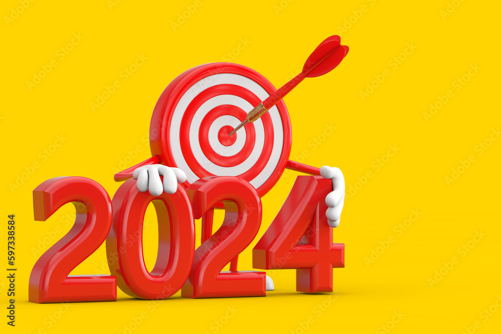Fototapete archery target and dart in center cartoon person character mascot with red 2024 new year sign. 3d re