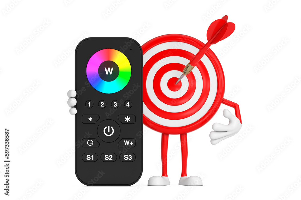 Poster archery target and dart in center cartoon person character mascot with infrared remote lighting cont