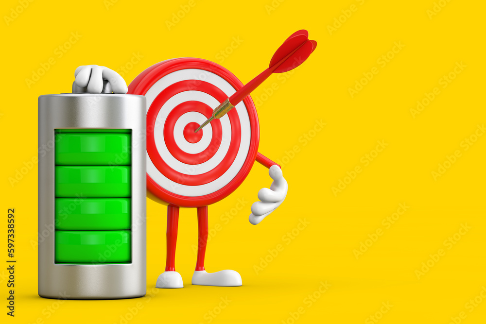 Leinwandbilder archery target and dart in center cartoon person character mascot with abstract charging battery. 3d