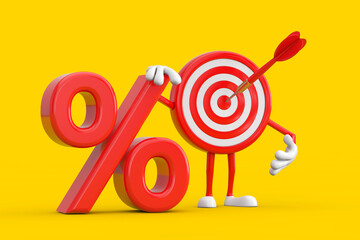 Archery Target and Dart in Center Cartoon Person Character Mascot with Red Retail Percent Sale or Discount Sign. 3d Rendering